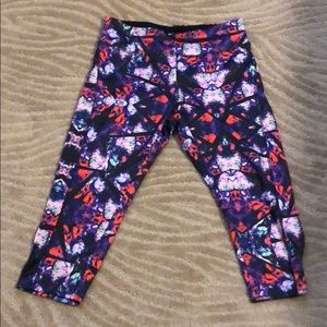 Workout capris black background w/purple and red